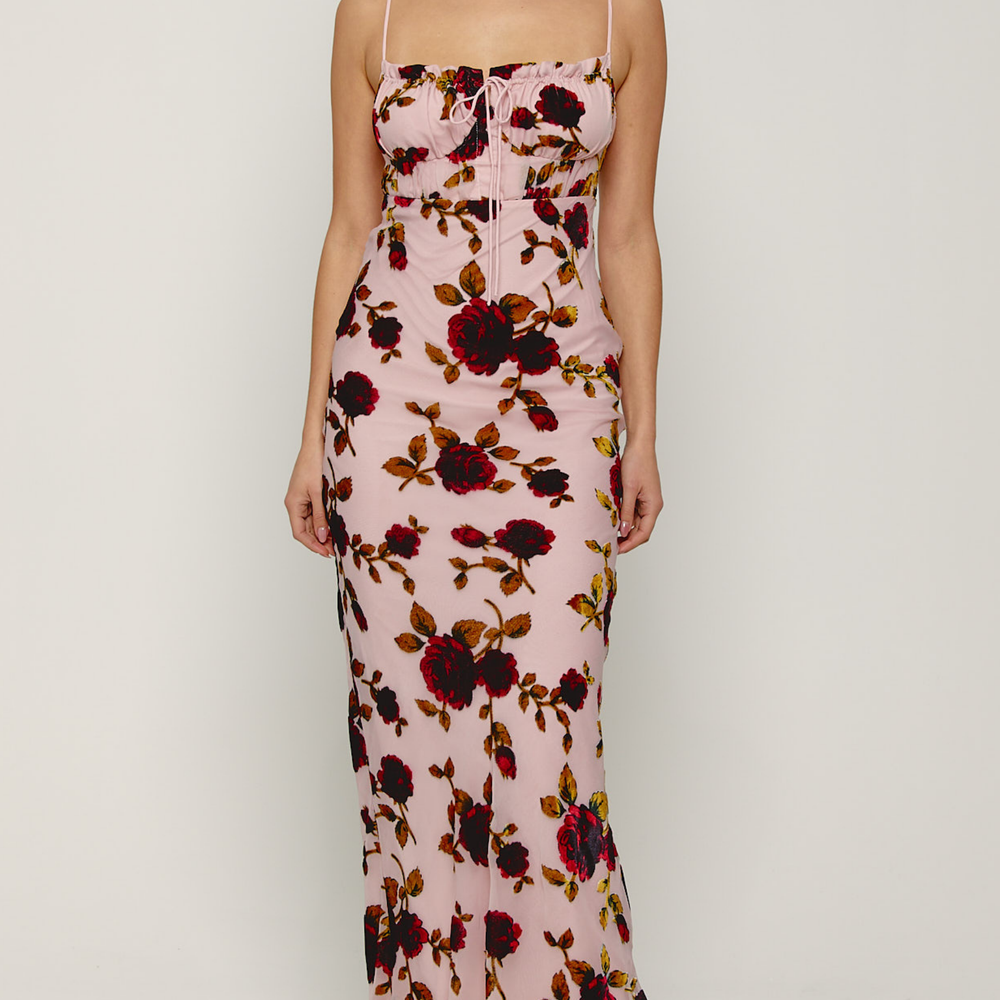 Pink Tie Front Detail Devore Maxi Dress