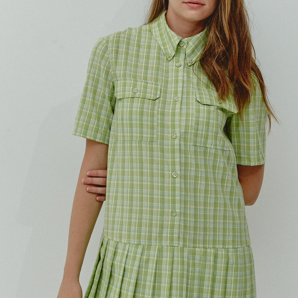 Green Check Box Pleat Mini Dress