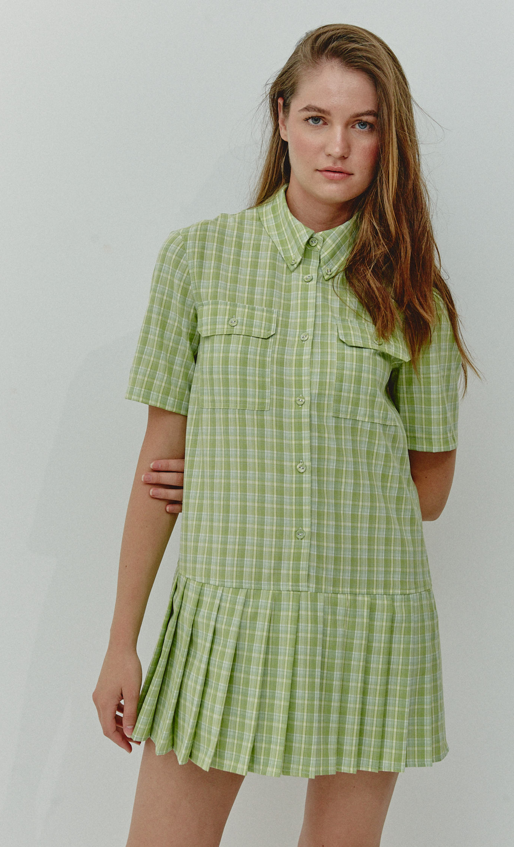 Green Check Box Pleat Mini Dress