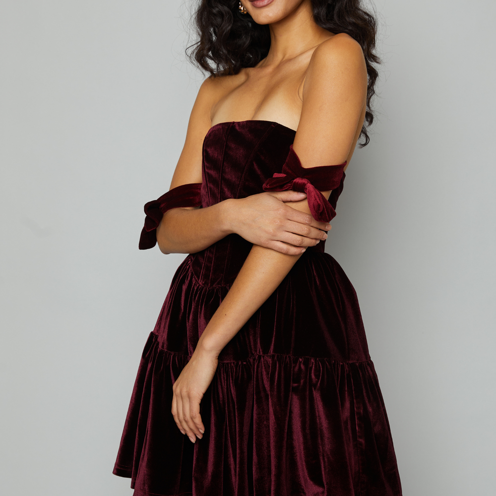 Wine Velvet Bandeau Mini Dress With Bows