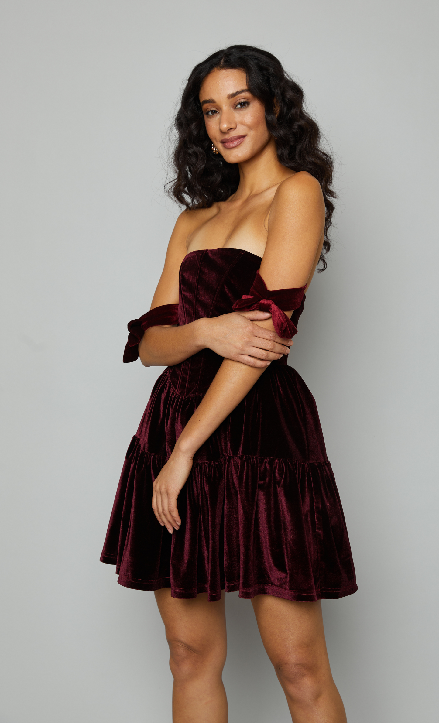 Wine Velvet Bandeau Mini Dress With Bows