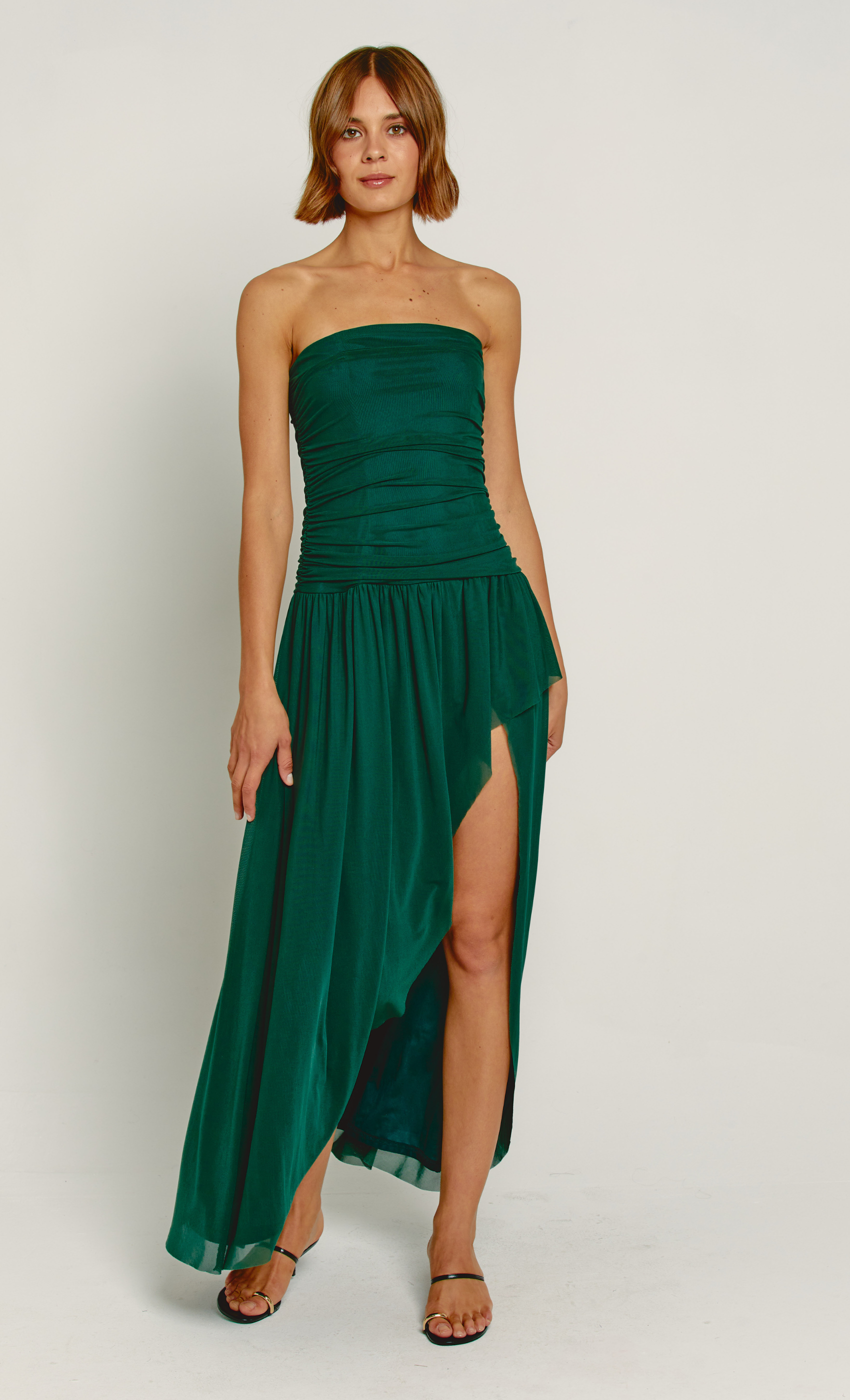 Rare London Women's Emerald Bandeau Thigh Split Mesh Maxi Dress 14