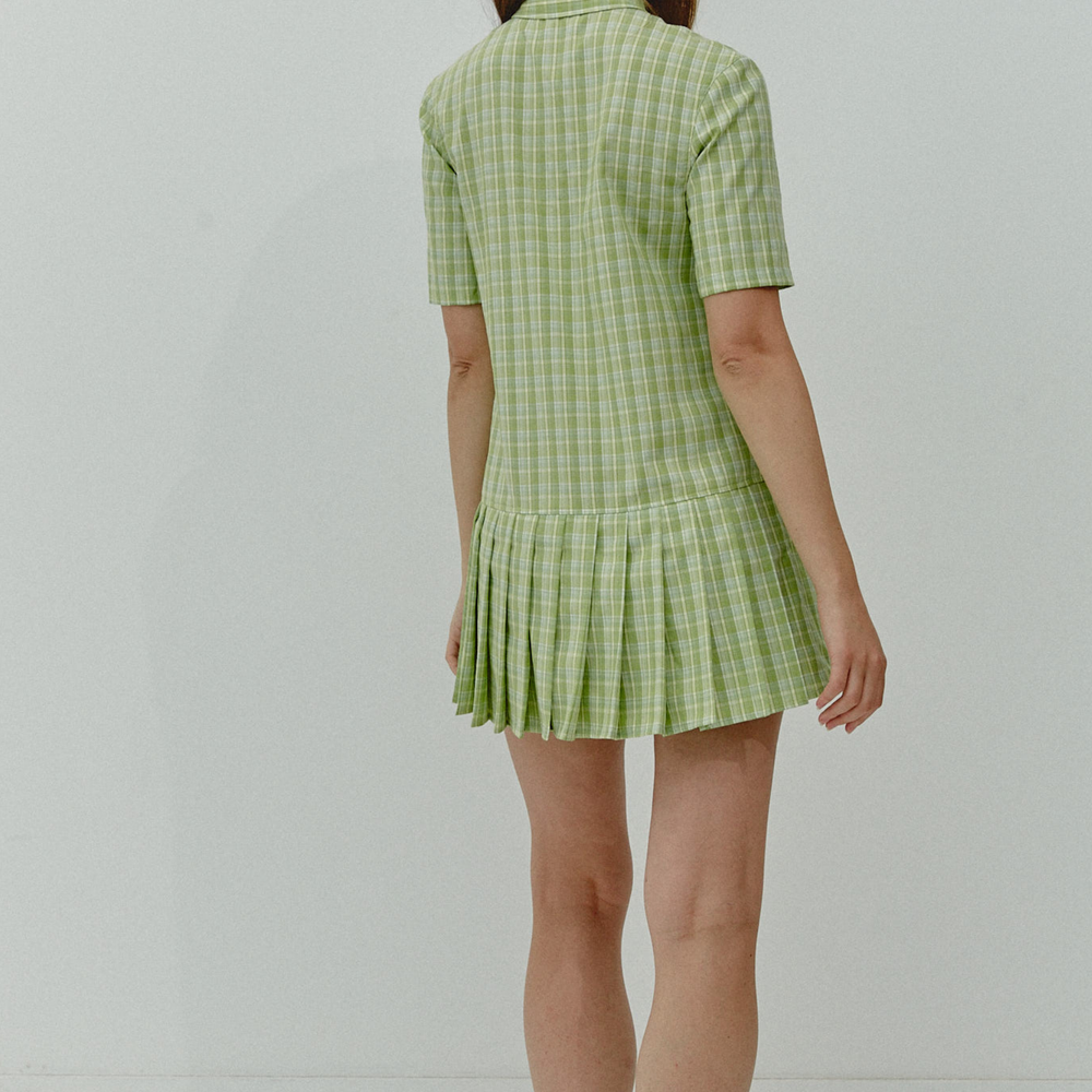 Green Check Box Pleat Mini Dress