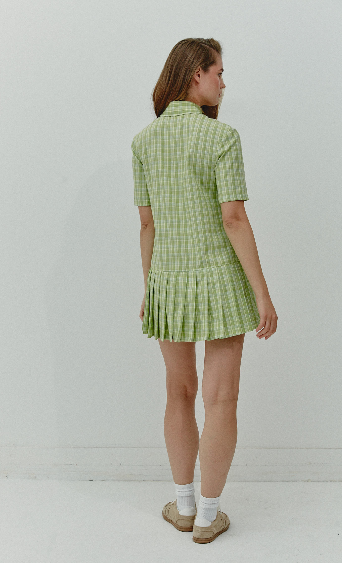 Green Check Box Pleat Mini Dress