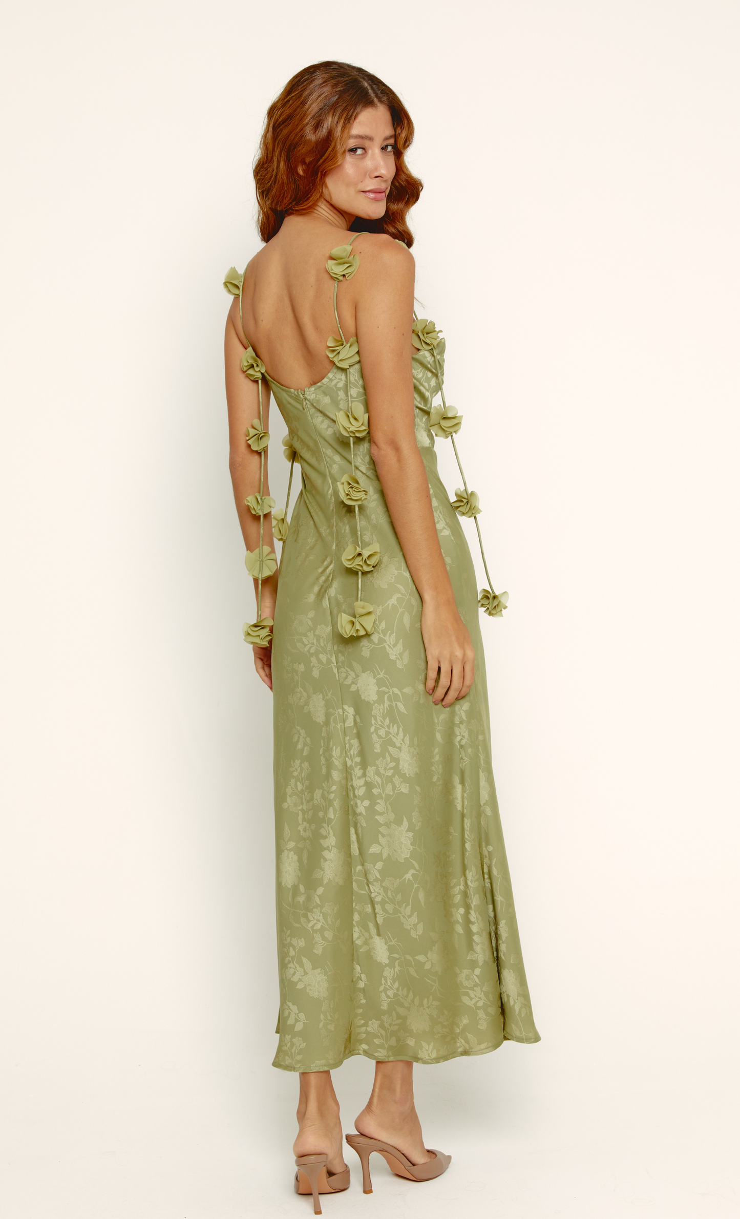 Olive Petal Strap Satin Jacquard Maxi Dress Rare London Olive Petal Strap Satin Jacquard Maxi Dress Rare London