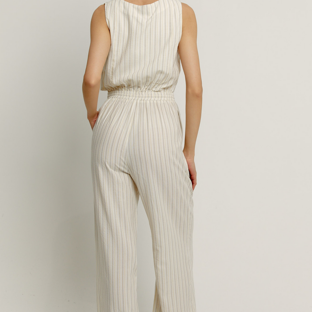 
                      
                        Beige Stripe Tie Front Jumpsuit
                      
                    