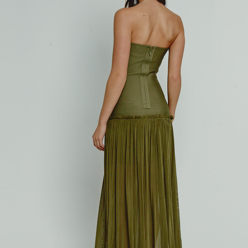 
                      
                        Olive Mesh Drop Waist Bandeau Maxi Dress
                      
                    