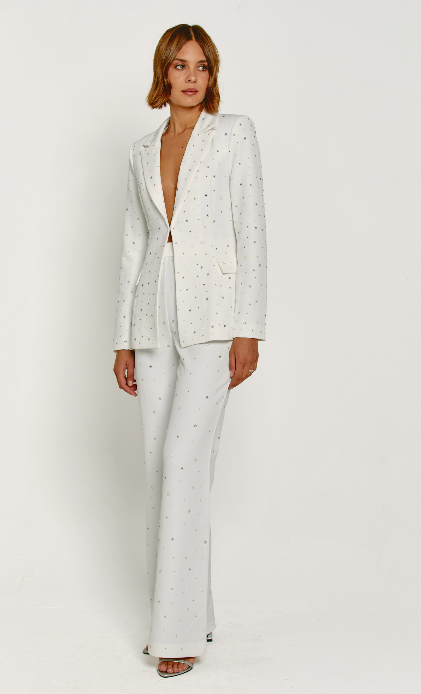 White Diamante Embellished Flared Trousers Rare London White Diamante Embellished Flared Trousers Rare London
