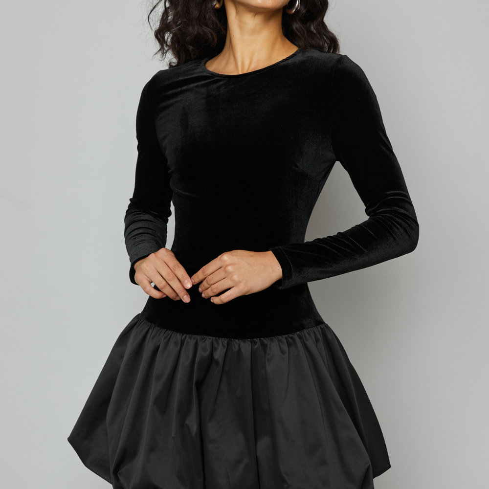 Black Puffball Velvet Mini Dress