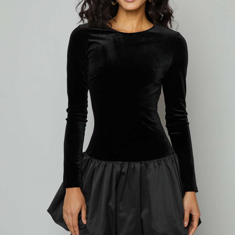 
                      
                        Black Puffball Velvet Mini Dress
                      
                    