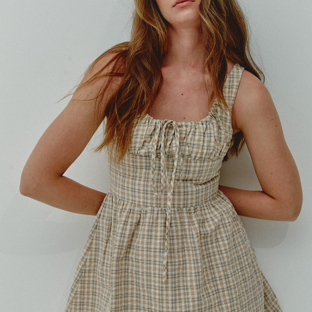 Beige Gingham Check Mini Dress