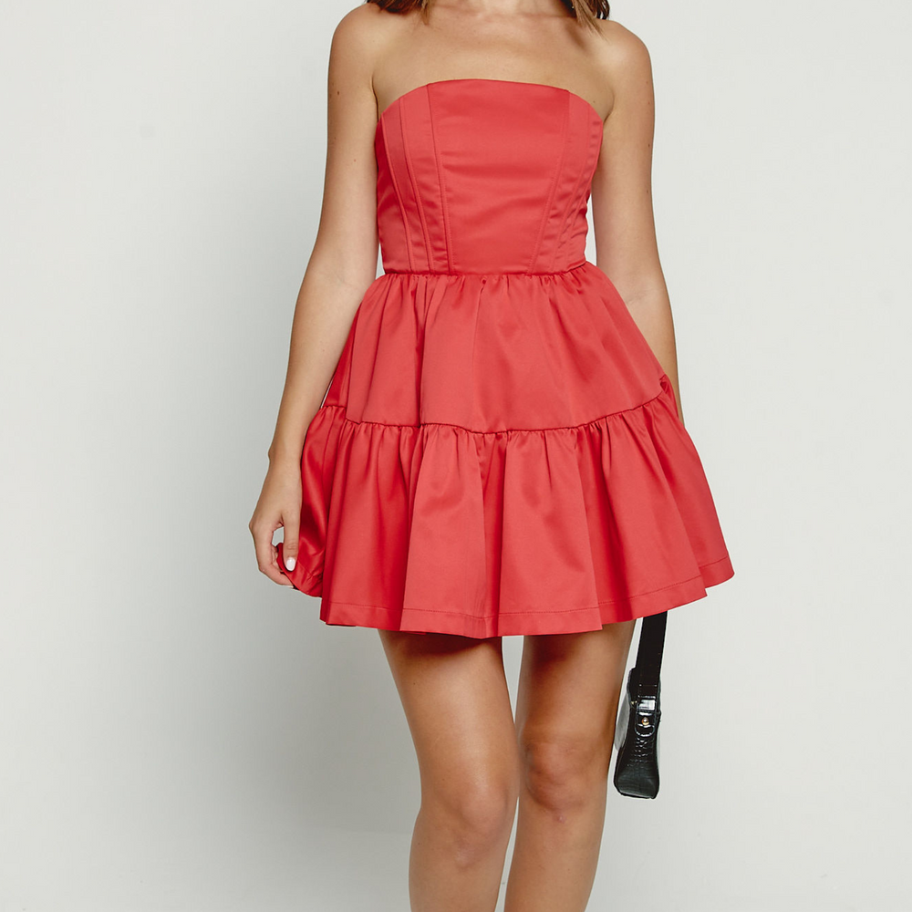 
                      
                        Red Bandeau Tiered Mini Dress
                      
                    