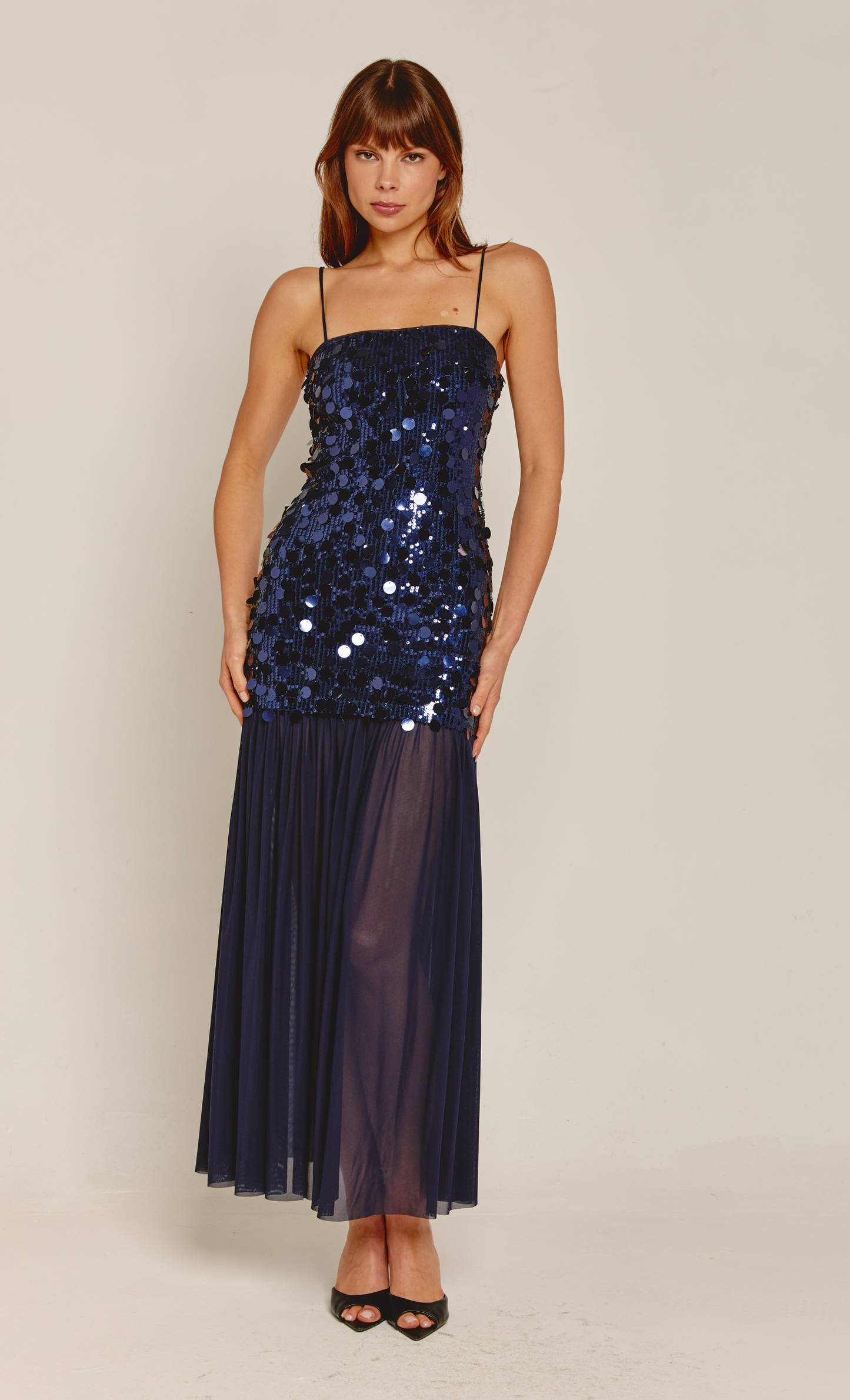 Navy Sequin Mesh Skirt Maxi Dress | RARE LONDON Rare London Navy Sequin Mesh Skirt Maxi Dress | RARE LONDON Rare London