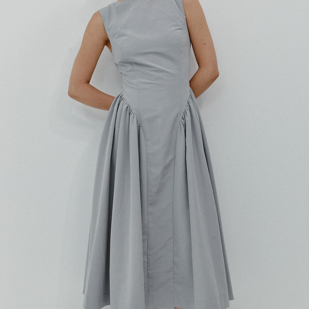 Grey Midi Dress with Gathered Waist