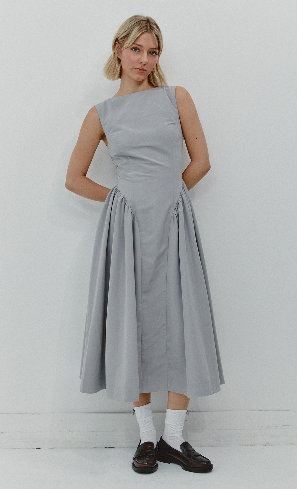 Grey Midi Dress with Gathered Waist