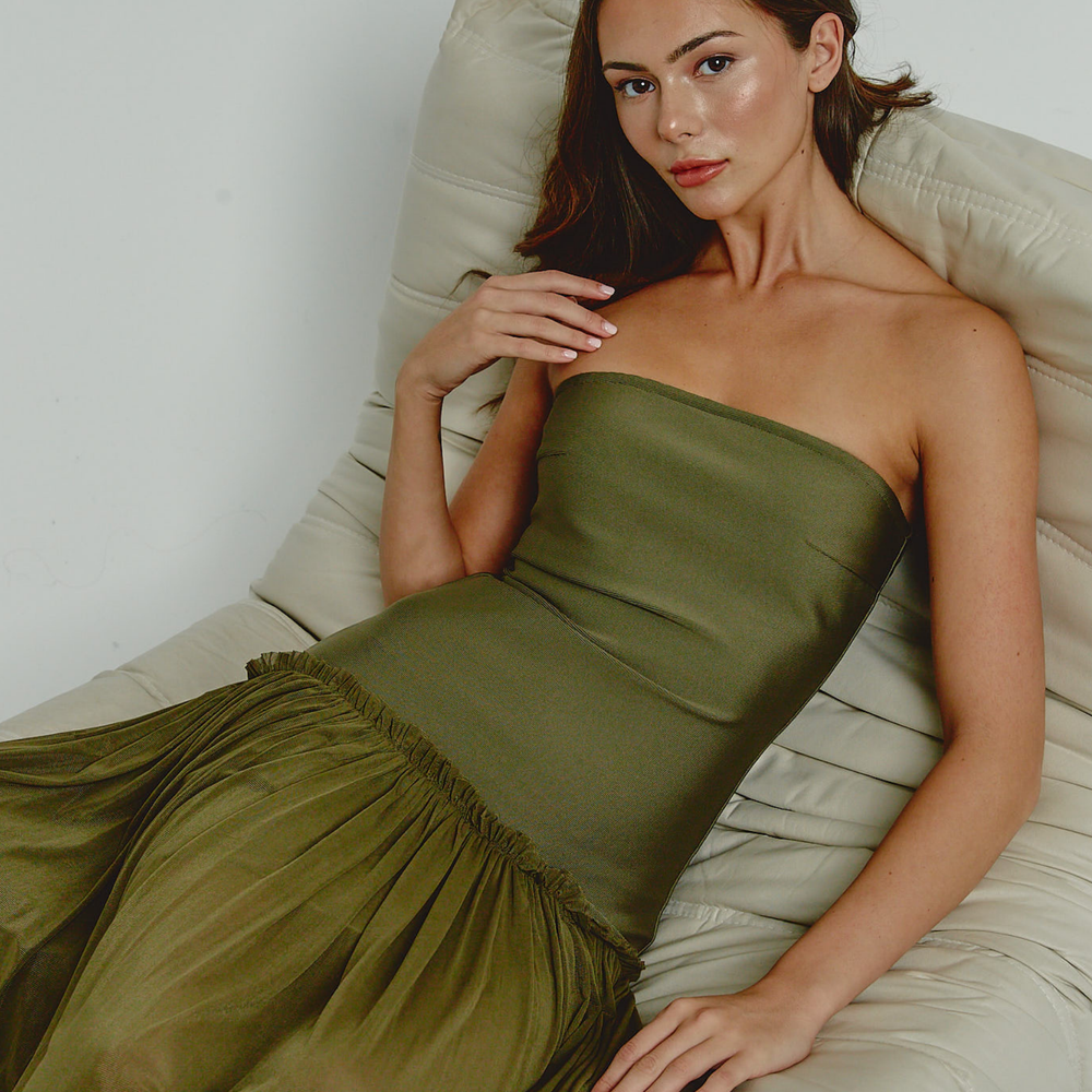 
                      
                        Olive Mesh Drop Waist Bandeau Maxi Dress
                      
                    