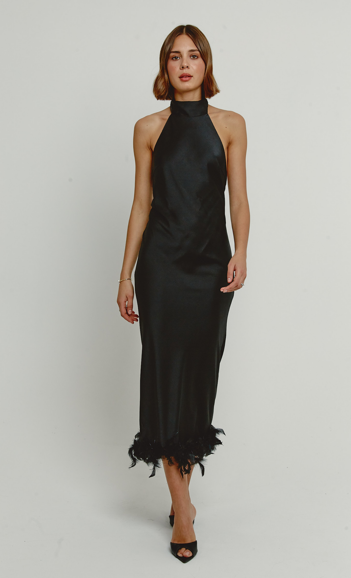 Black High Neck Feather Trim Dress Rare London Black High Neck Feather Trim Dress Rare London