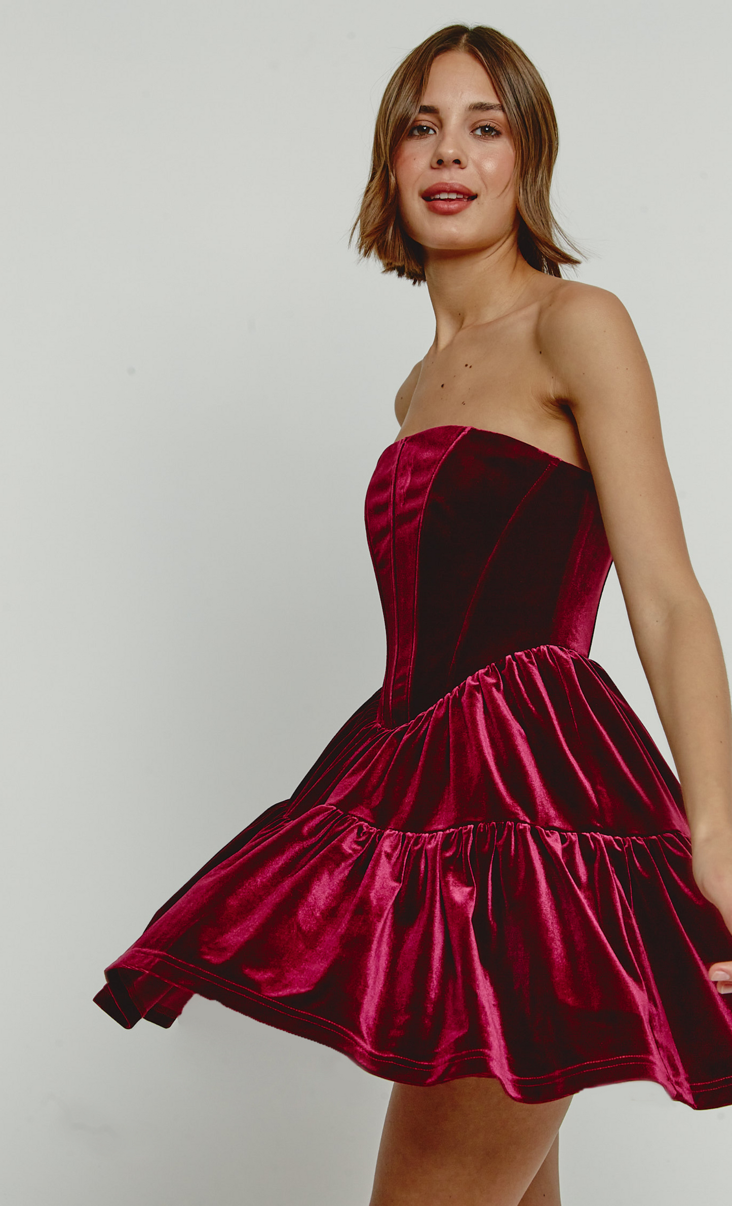 Wine Velvet Bandeau Mini Dress With Bows – Rare London