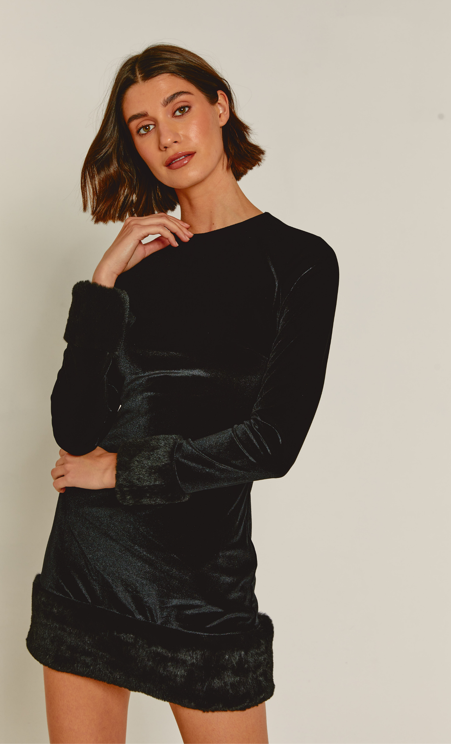 Black Fur Trim Structured Dress – Rare London