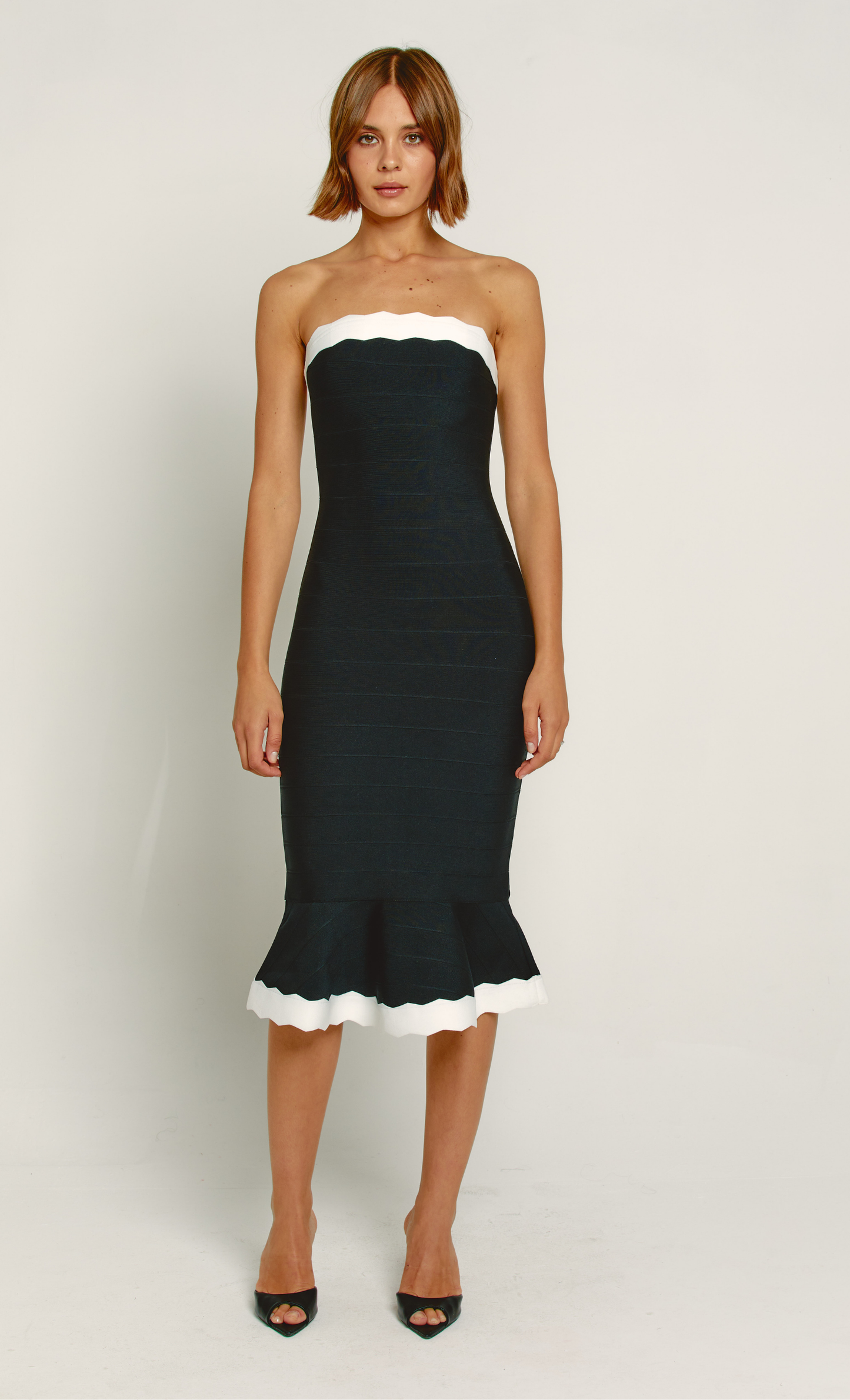 Black Wavy Trim Fishtail Bandage Midi Dress Rare London Black Wavy Trim Fishtail Bandage Midi Dress Rare London