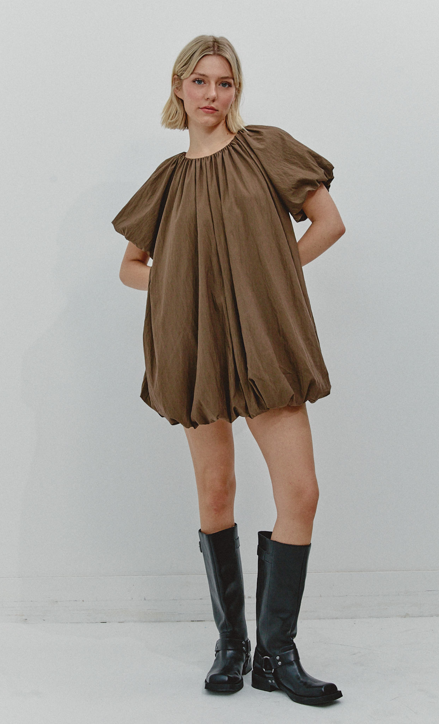 Brown Puffball Mini Dress