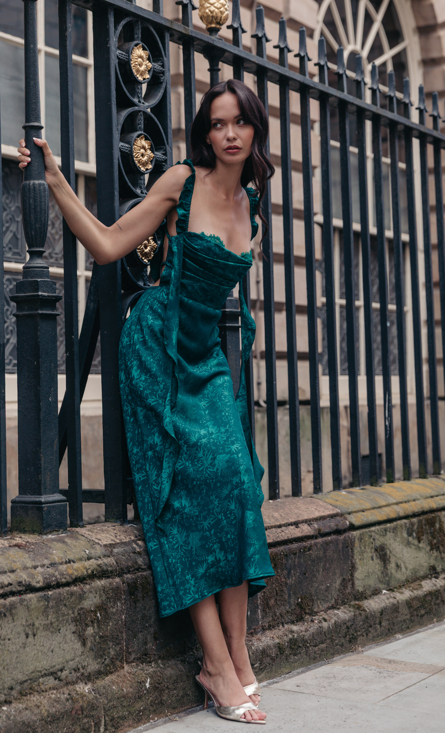 Maxi Dress Jacquard Style Dress Emerald Satin Jacquard Backless