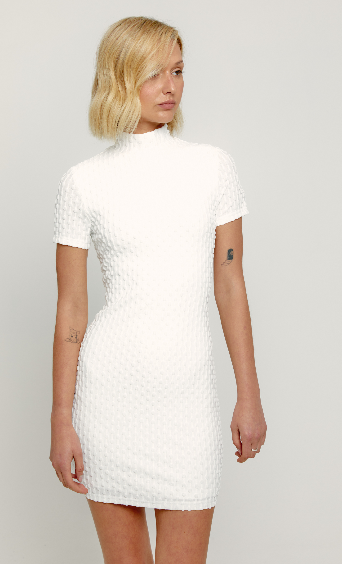 White High Neck Textured Mini Dress