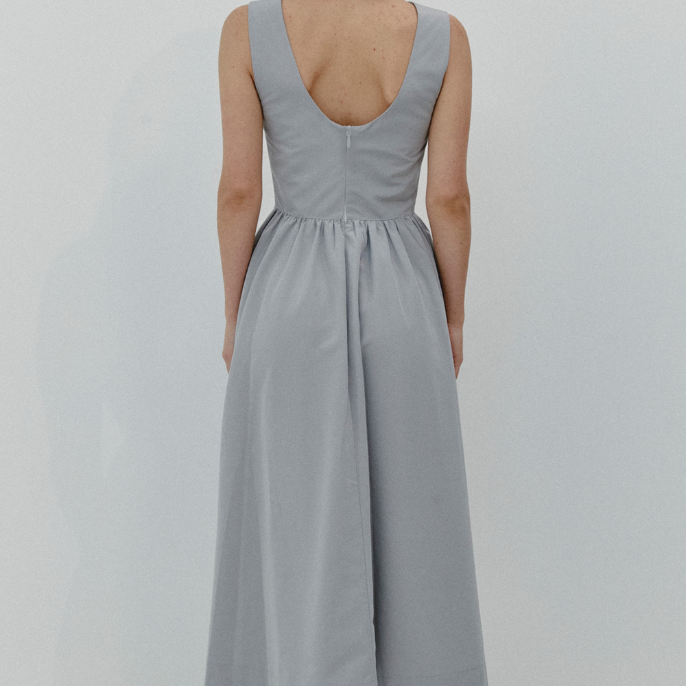 Grey Midi Dress with Gathered Waist