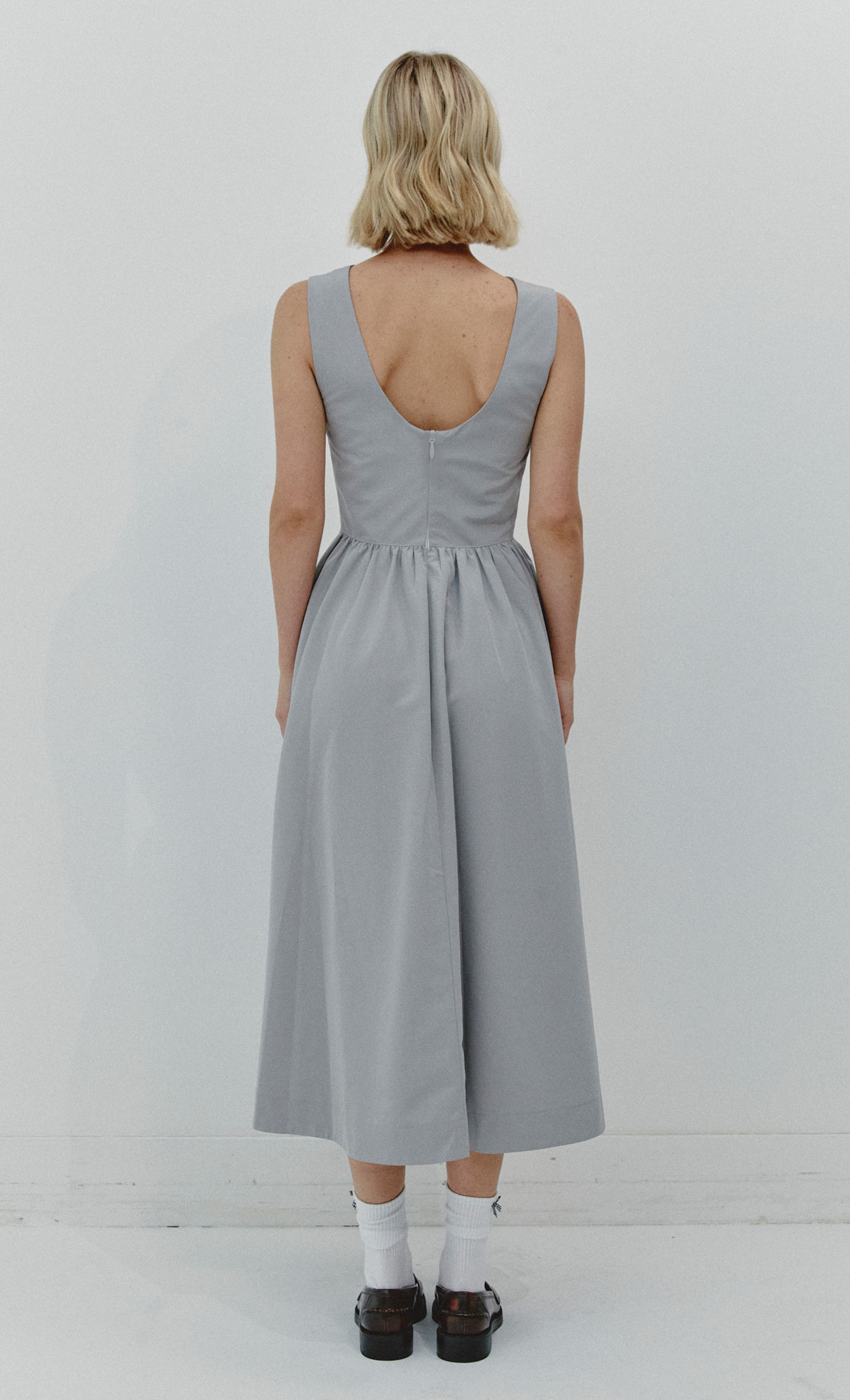 Grey Midi Dress with Gathered Waist