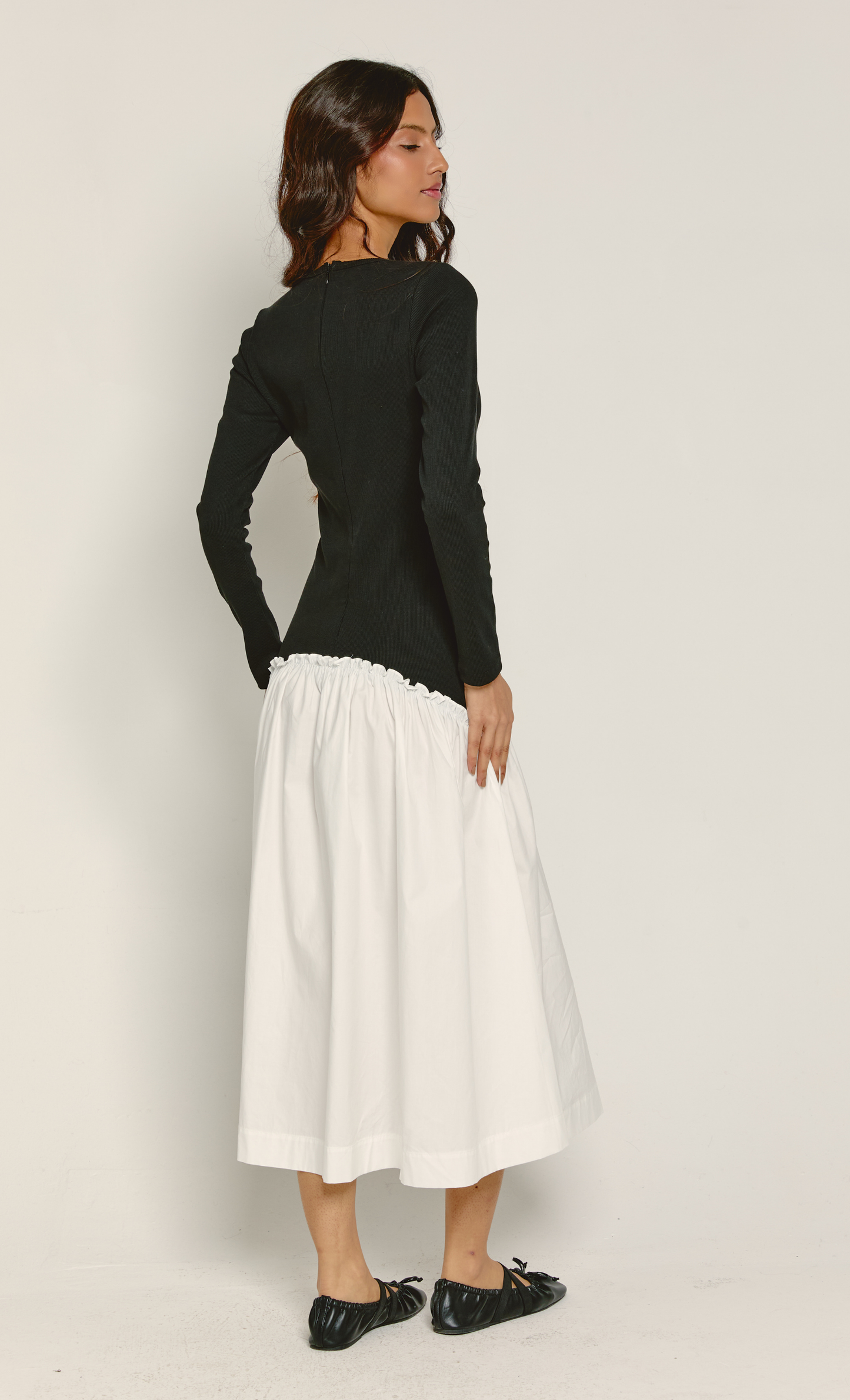 Black & White Drop Waist Midi Dress