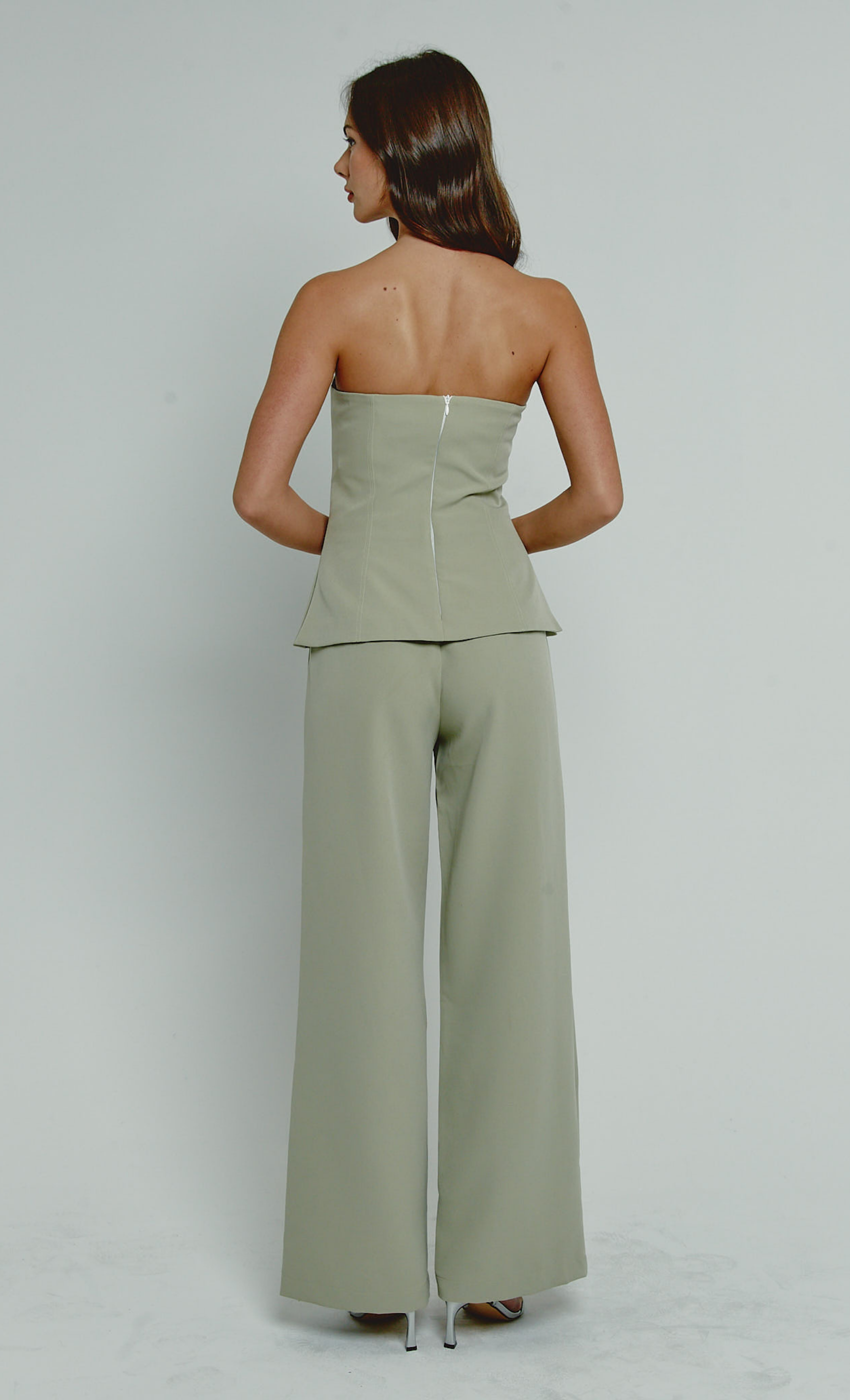 The Maggie Bandeau Jumpsuit in striped olive green