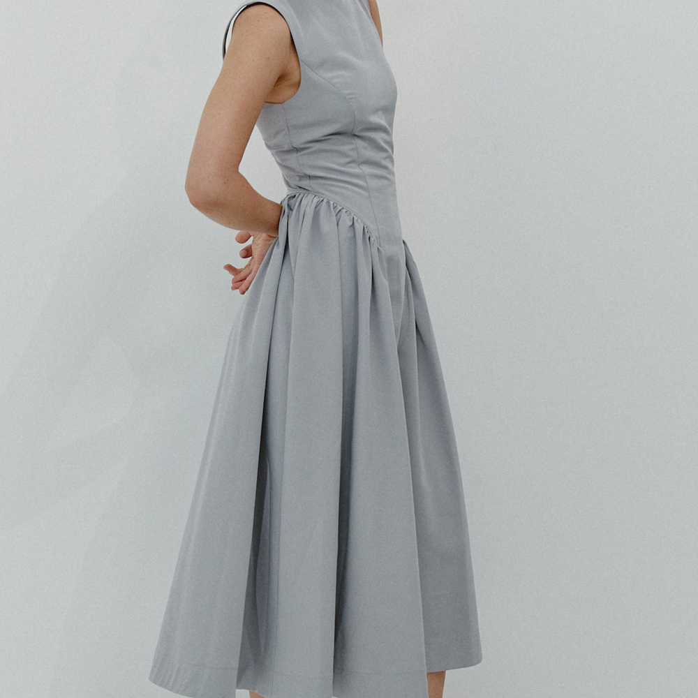 
                      
                        Grey Midi Dress with Gathered Waist
                      
                    