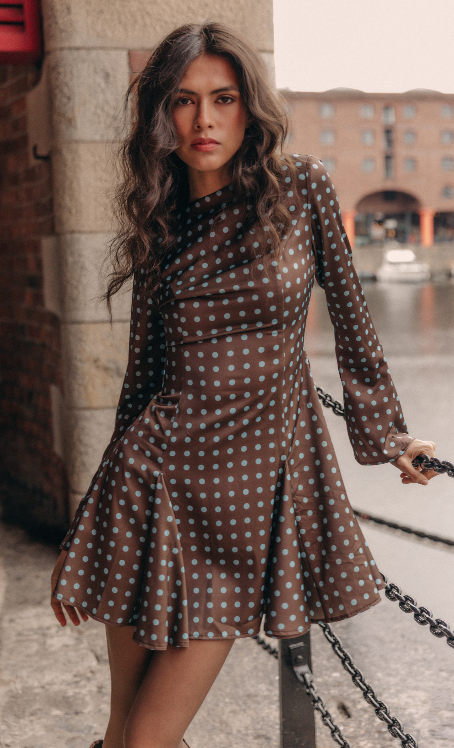 Blue & Brown Satin Godet Mini Dress – Rare London
