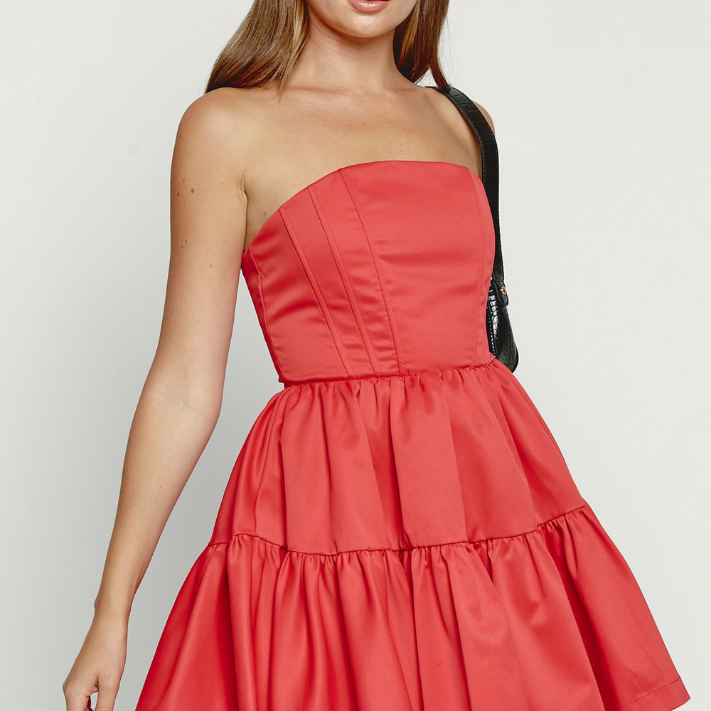 Red Bandeau Tiered Mini Dress