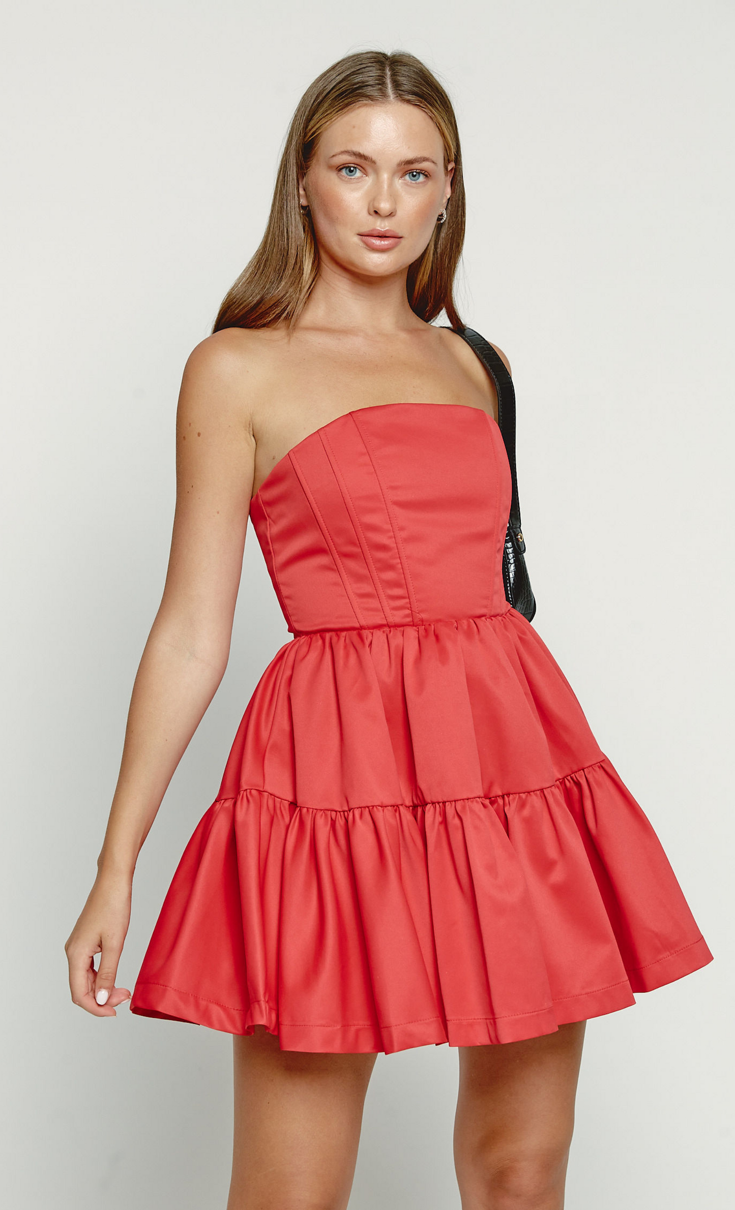 Red Bandeau Tiered Mini Dress