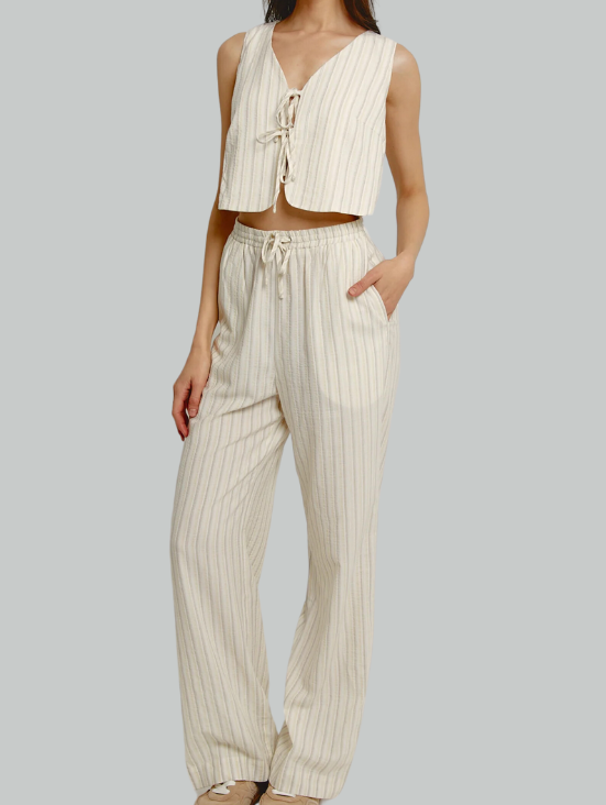 Beige Stripe Tie Front Jumpsuit