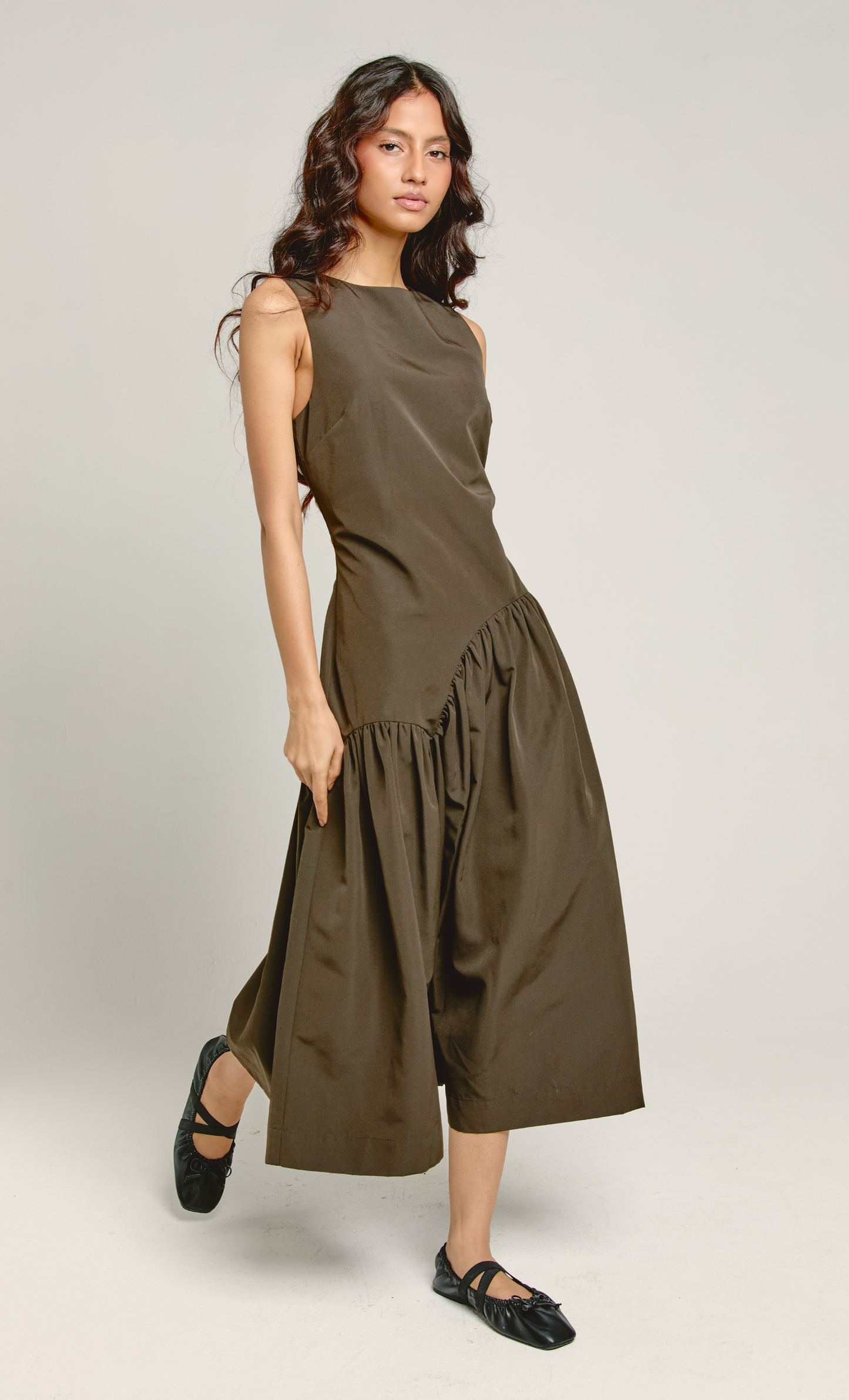 Brown Seam Drop Waist Midi Dress