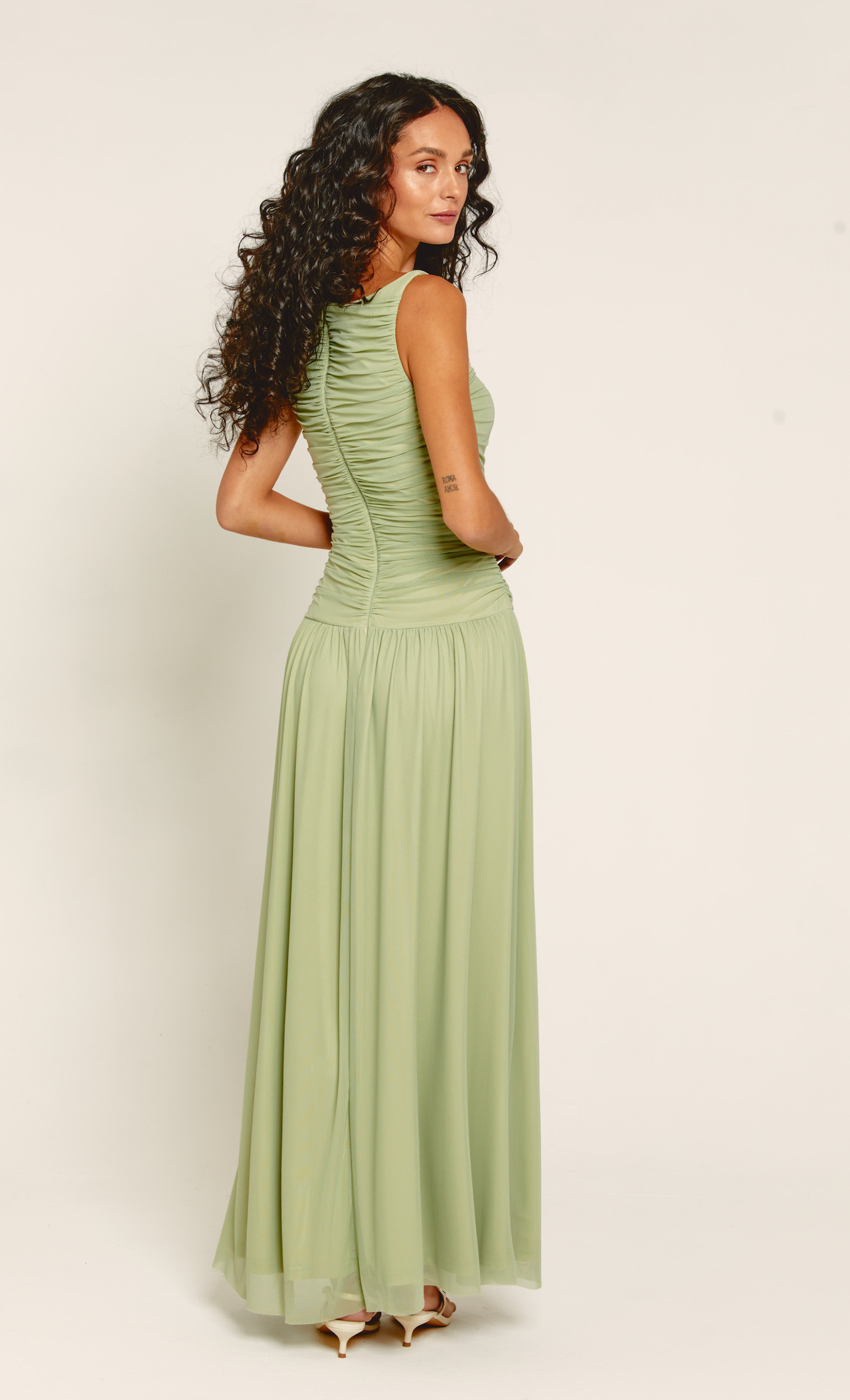 drop waist sage green dress Mac Duggal Women's Sleeveless Embroidered Detail Mermaid Dress