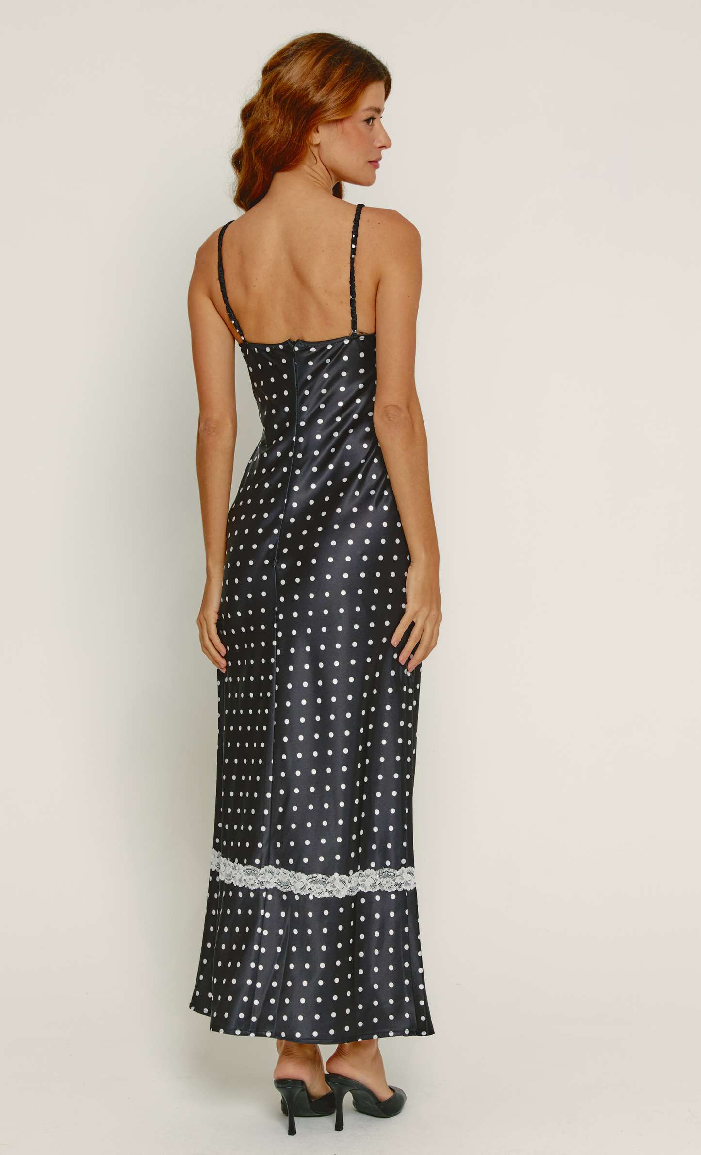 RARE London Women's RARE London Women's Polka Dot Satin Lace Trim Maxi Dress 12 RARE London Women's RARE London Women's Polka Dot Satin Lace Trim Maxi Dress 12