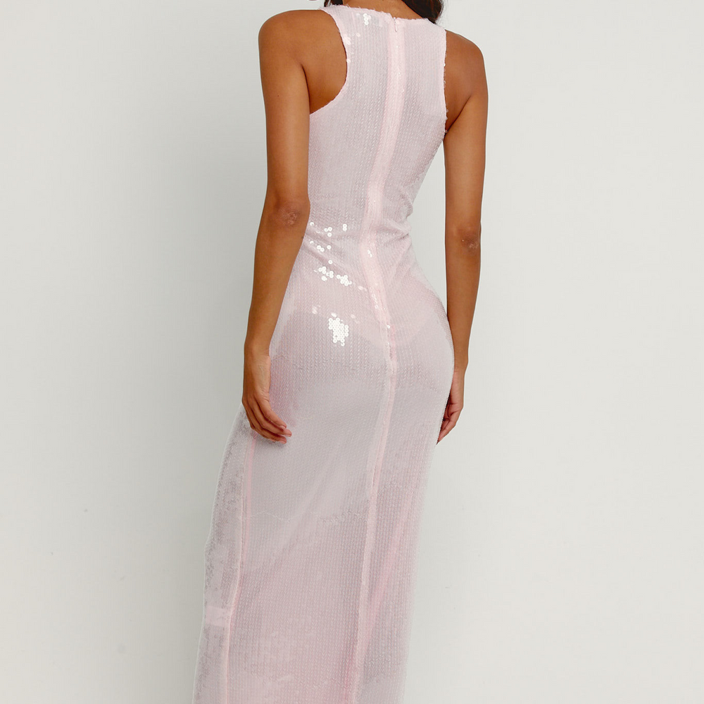 
                      
                        Pink Sheer Sequin Racerback Maxi Dress
                      
                    