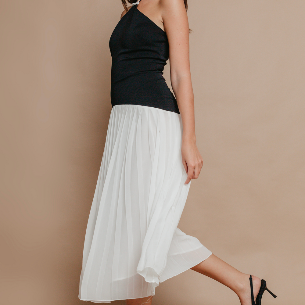 Black Drop Waist Pleated Midi Dress