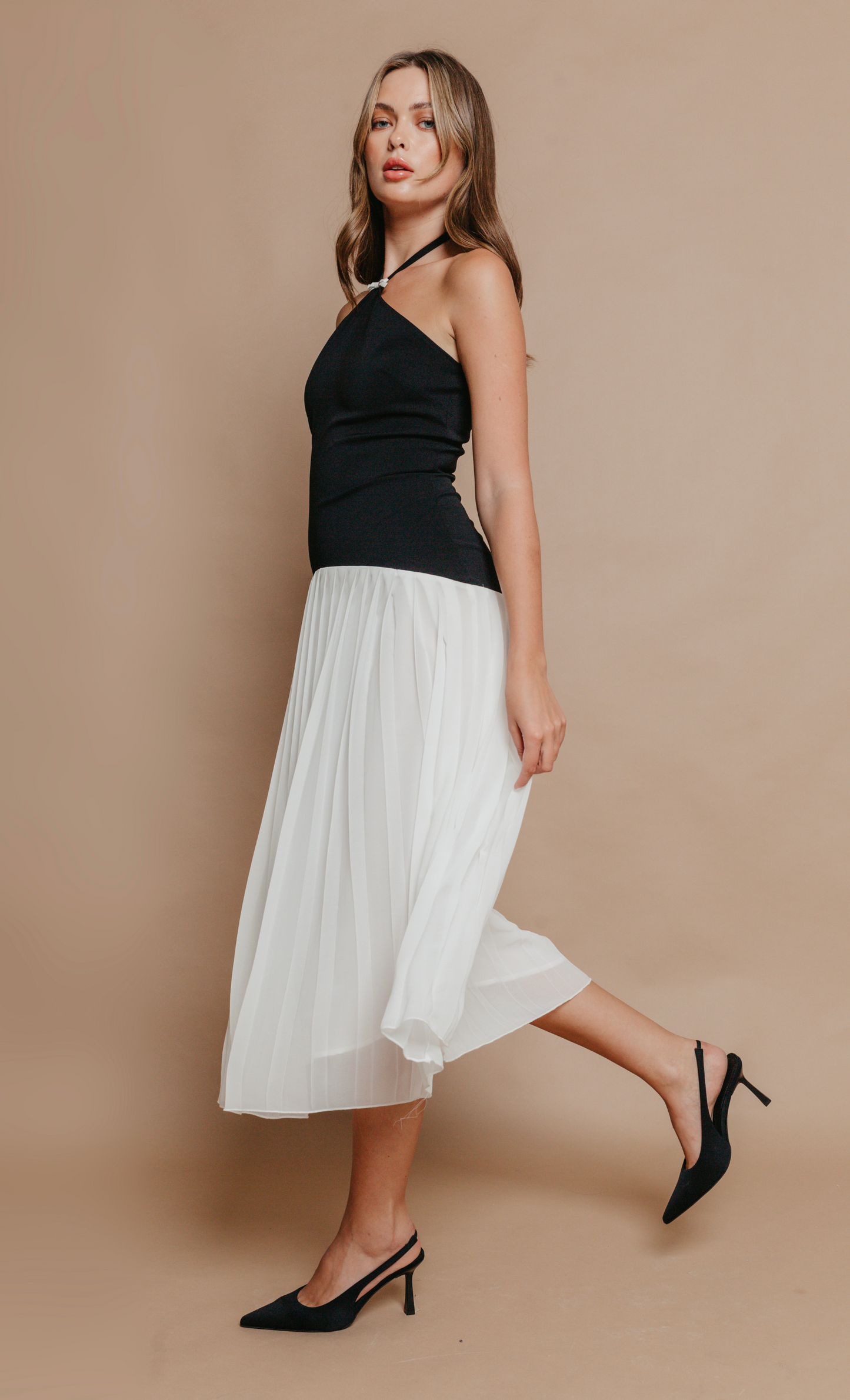 Black & White Drop Waist Pleated Midi Dress Rare London Black & White Drop Waist Pleated Midi Dress Rare London