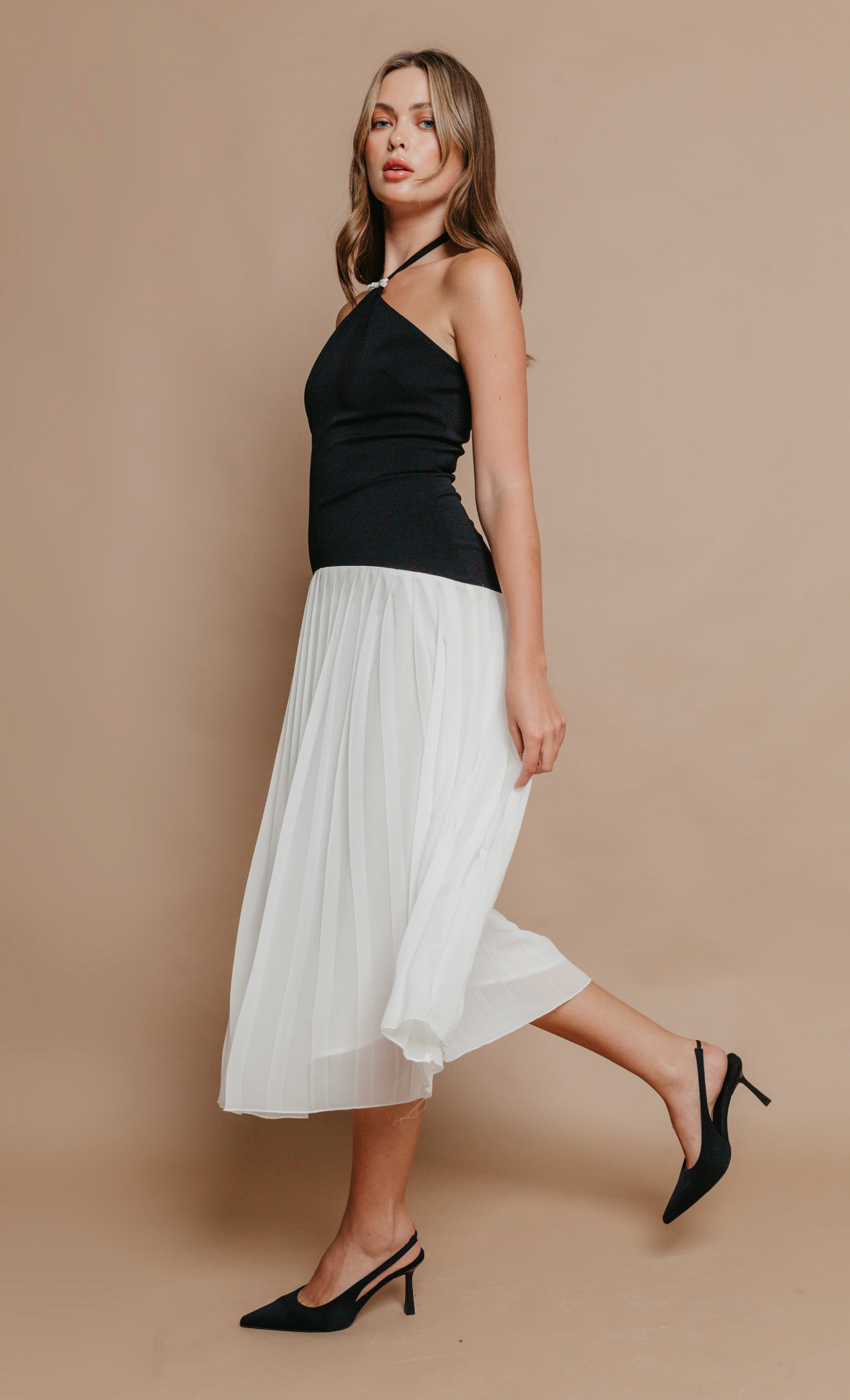 Black Drop Waist Pleated Midi Dress