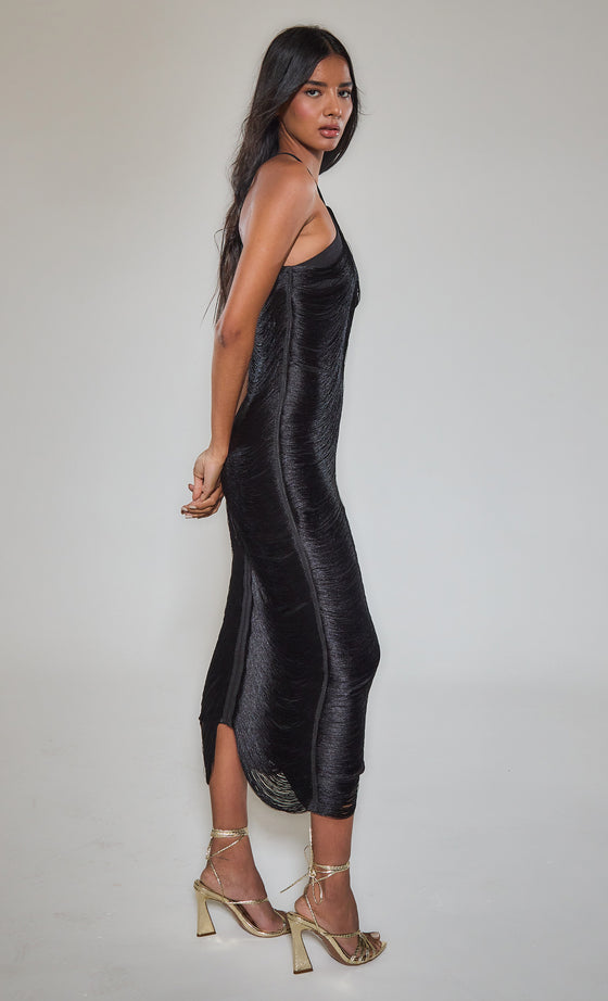 Black Fringe Detail Halter Maxi Dress