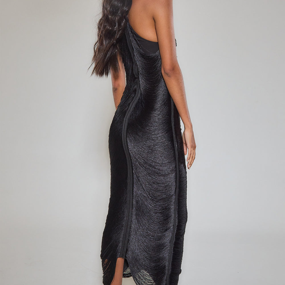 
                      
                        Black Fringe Detail Halter Maxi Dress
                      
                    