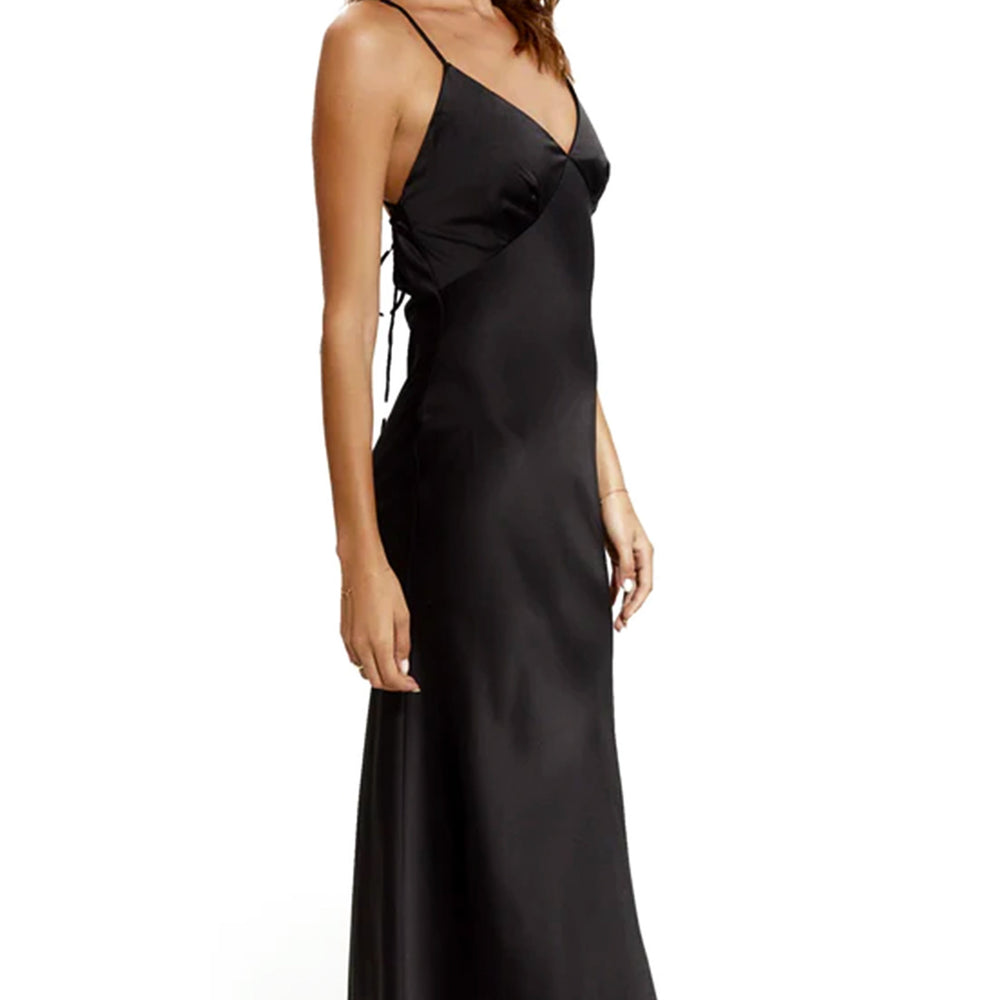 Black Satin Tie Back Maxi Dress