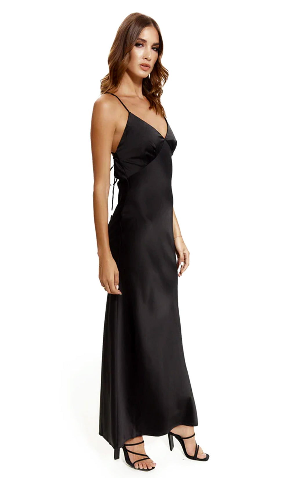 Black Satin Tie Back Maxi Dress