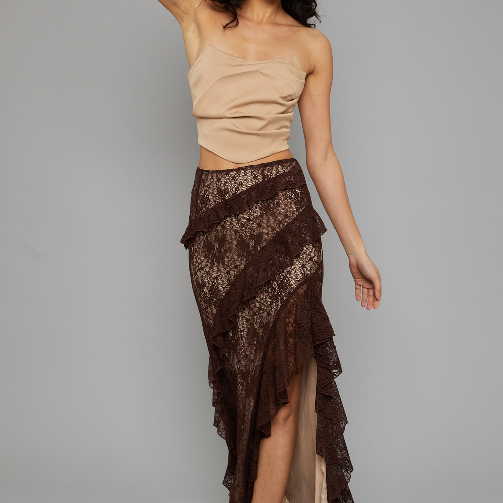 
                      
                        Coffee Ruffle Lace Maxi Skirt
                      
                    