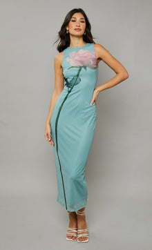  Turquoise Rose Print Maxi Dress