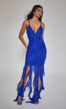  Cobalt Lace Panel Ruffle Maxi Dress